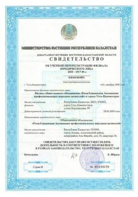 Свидетельство Базылхана Дюсупова о регистрации филиала юридического лица